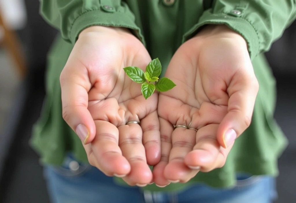 Zwei Hände halten eine kleine Pflanze, symbolisiert nachhaltige Ernährung