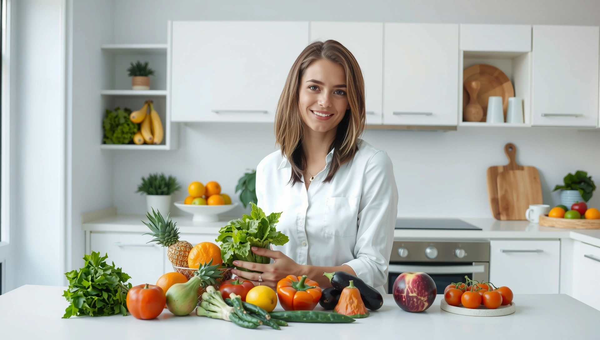 Eine junge Frau lächelt entspannt, während sie frisches Obst und Gemüse zubereitet, symbolisiert gesunde Ernährung.